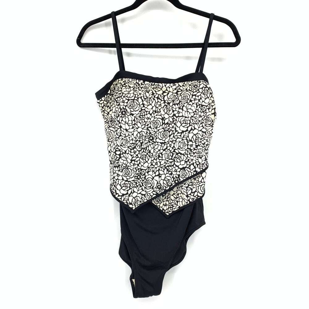 It Figures One Piece Swimsuit Womens Sz 14 Black White Floral Print Layered Look